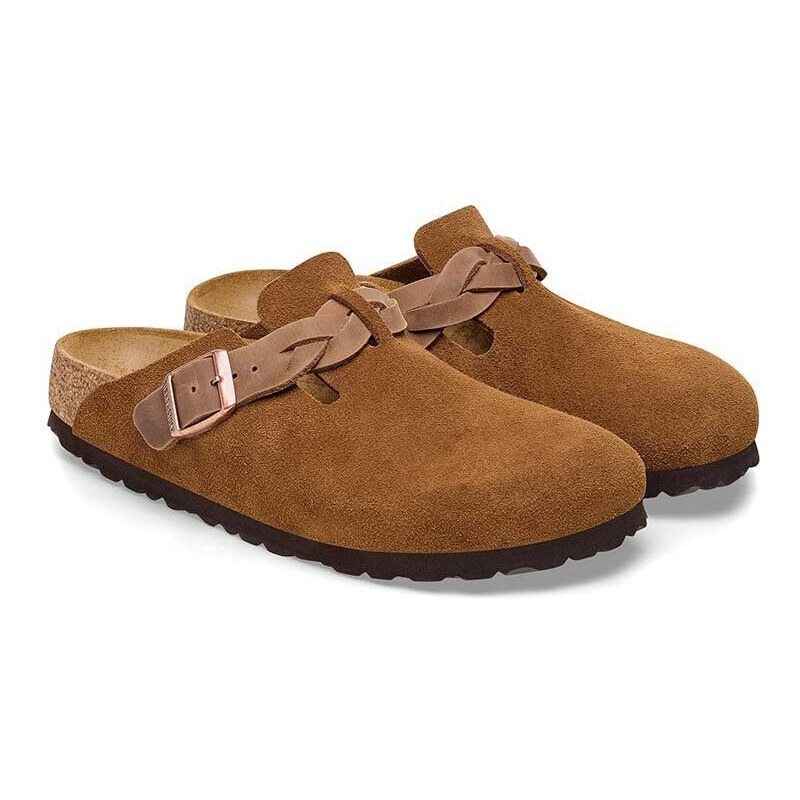 Semišové pantofle Birkenstock Boston Braided dámské, hnědá barva, 1026713