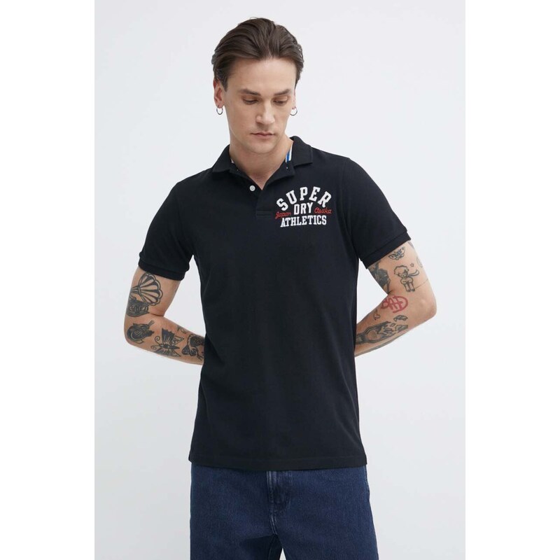 Bavlněné polo tričko Superdry černá barva, s aplikací