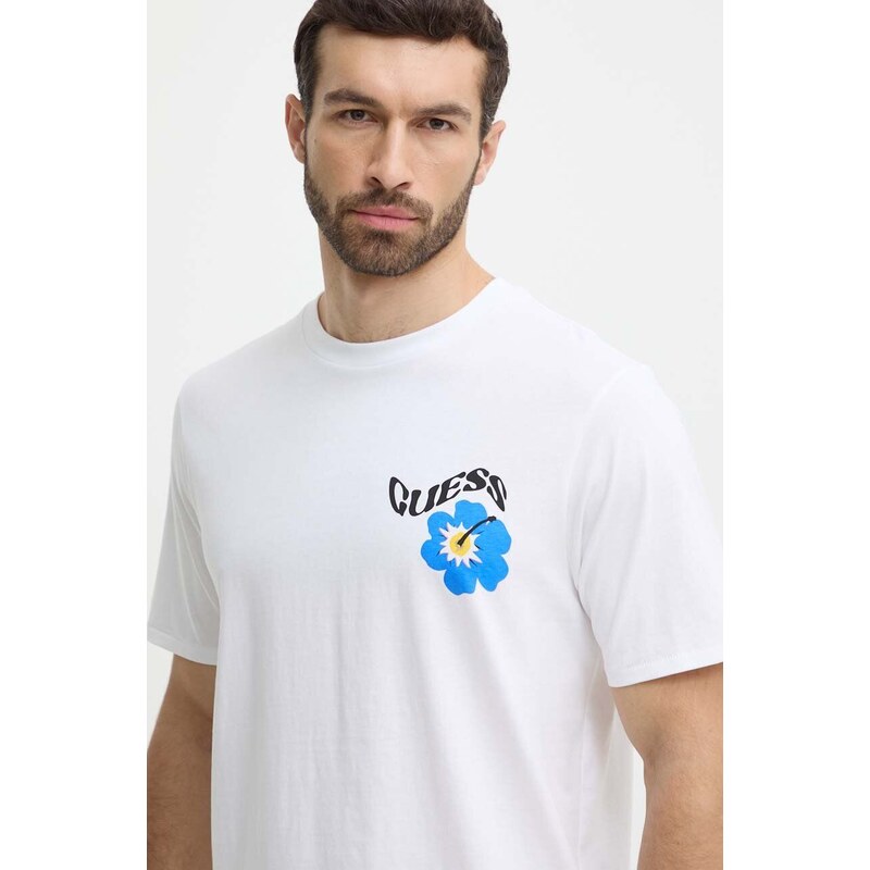 Bavlněné tričko Guess FLOWER bílá barva, s potiskem, F4GI01 I3Z11