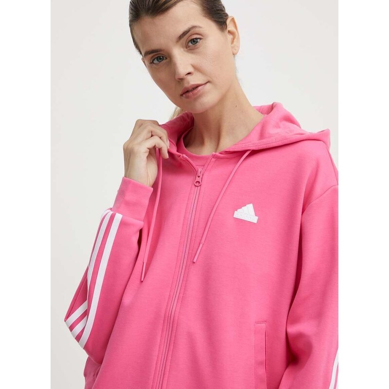 Mikina adidas dámská, růžová barva, s kapucí, vzorovaná, IS3877