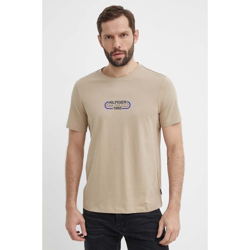 Bavlněné tričko Tommy Hilfiger béžová barva, s potiskem, MW0MW34429