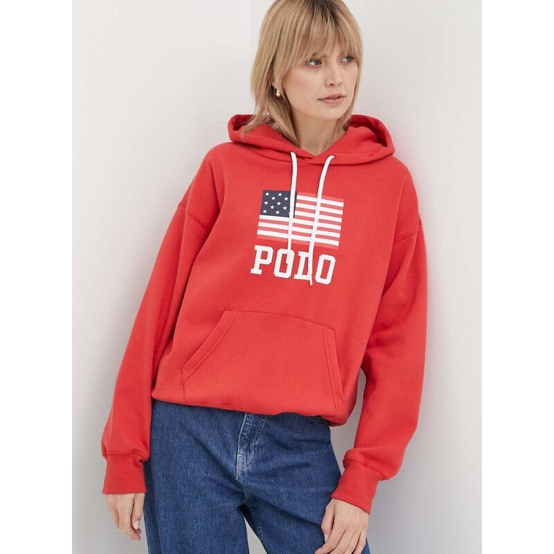 Mikina Polo Ralph Lauren dámská, červená barva, s kapucí, s potiskem, 211935600