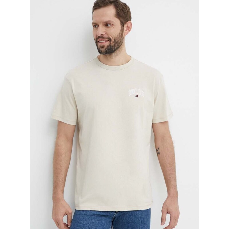 Bavlněné tričko Tommy Jeans béžová barva, s aplikací, DM0DM18665
