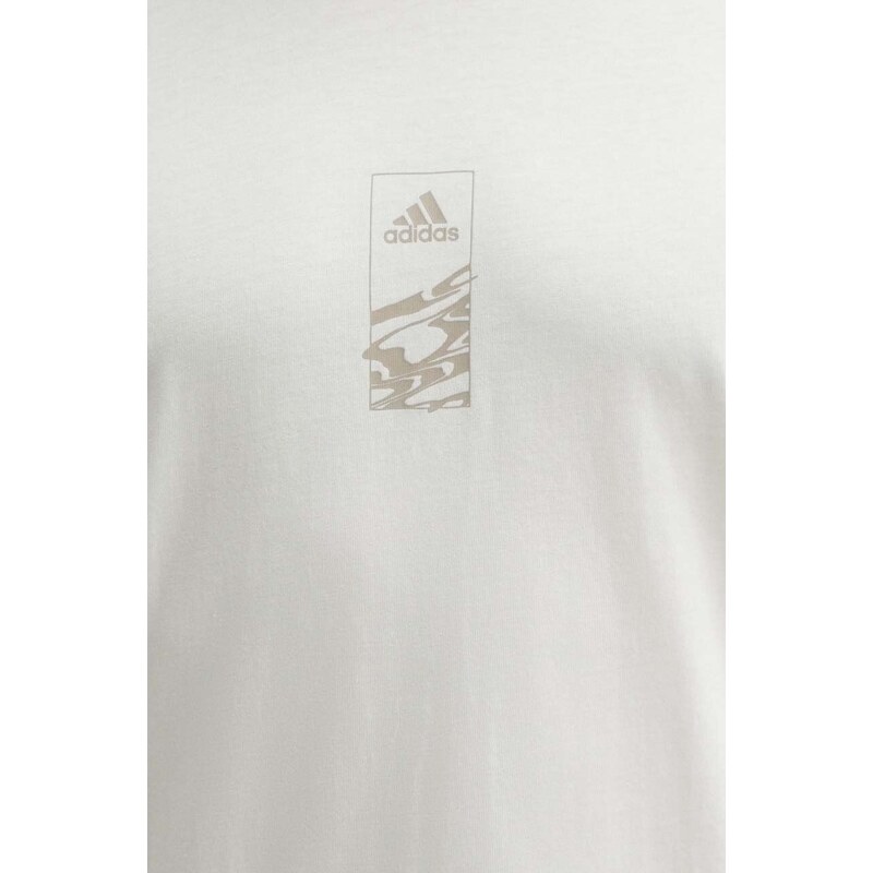 Bavlněné tričko adidas béžová barva, s potiskem, IN6236