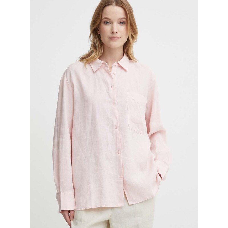 Lněná košile Tommy Hilfiger růžová barva, relaxed, s klasickým límcem, WW0WW41389