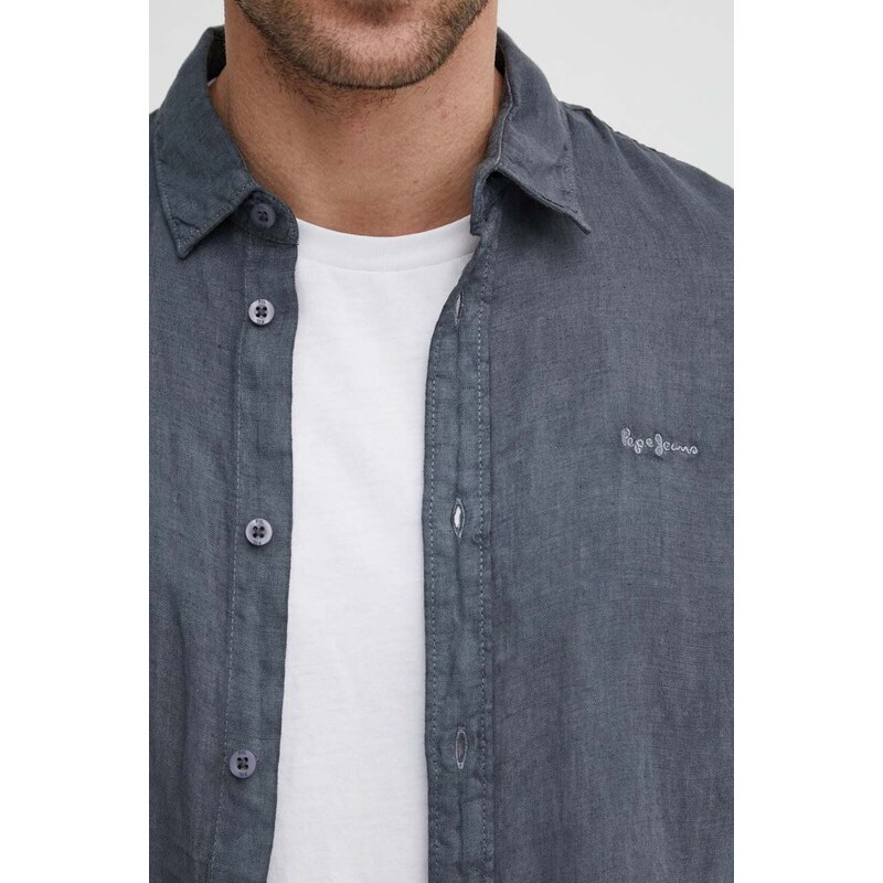Lněná košile Pepe Jeans PAYTTON šedá barva, regular, s klasickým límcem, PM308523