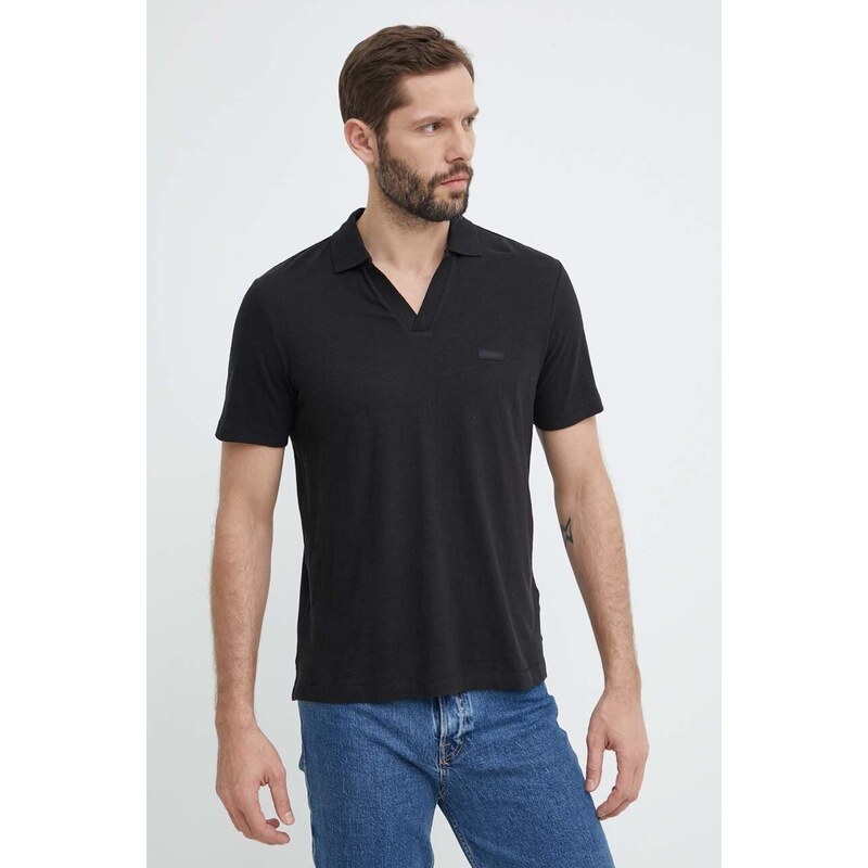 Polo tričko s lněnou směsí Calvin Klein černá barva, K10K112959