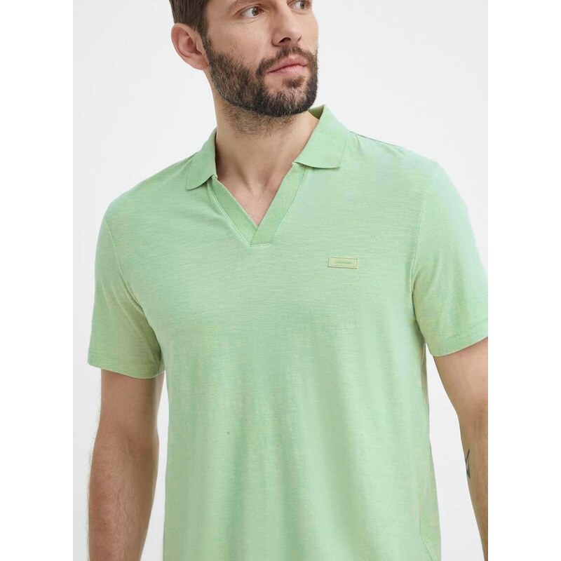 Polo tričko s lněnou směsí Calvin Klein zelená barva, K10K112959