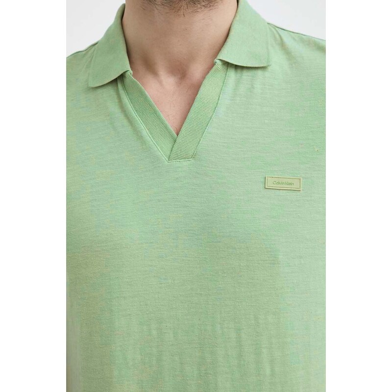 Polo tričko s lněnou směsí Calvin Klein zelená barva, K10K112959