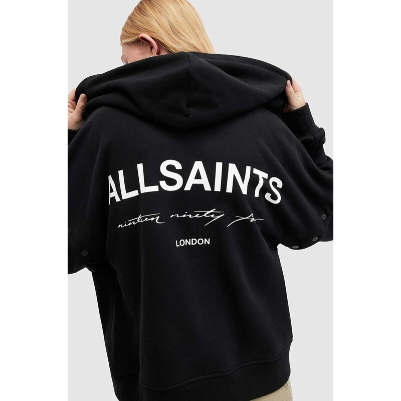 Bavlněná mikina AllSaints HELIS CHLO HOODY dámská, černá barva, s kapucí, s potiskem, WG509Z