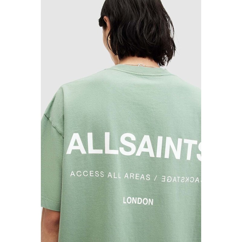 Bavlněné tričko AllSaints ACCESS SS CREW zelená barva, s potiskem, M038PA