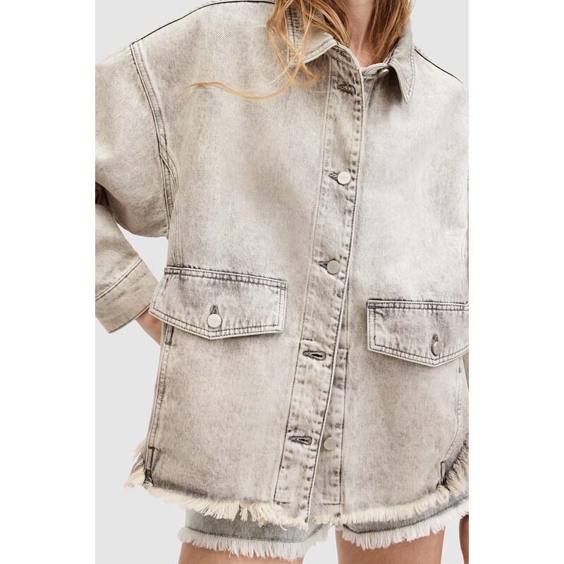 Džínová bunda AllSaints HETTIE DENIM SHACKET dámská, šedá barva, přechodná, oversize, W033PA