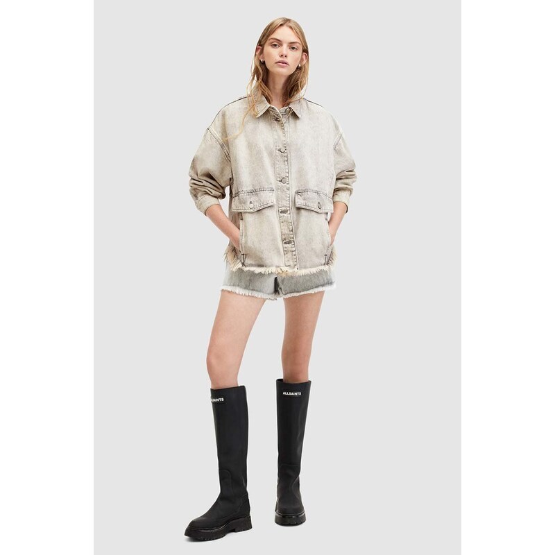 Džínová bunda AllSaints HETTIE DENIM SHACKET dámská, šedá barva, přechodná, oversize, W033PA