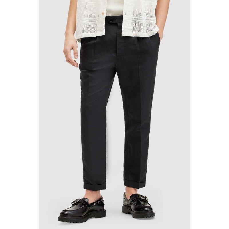 Kalhoty s lněnou směsí AllSaints CROSS TALLIS TROUSER černá barva, ve střihu chinos, M006TA