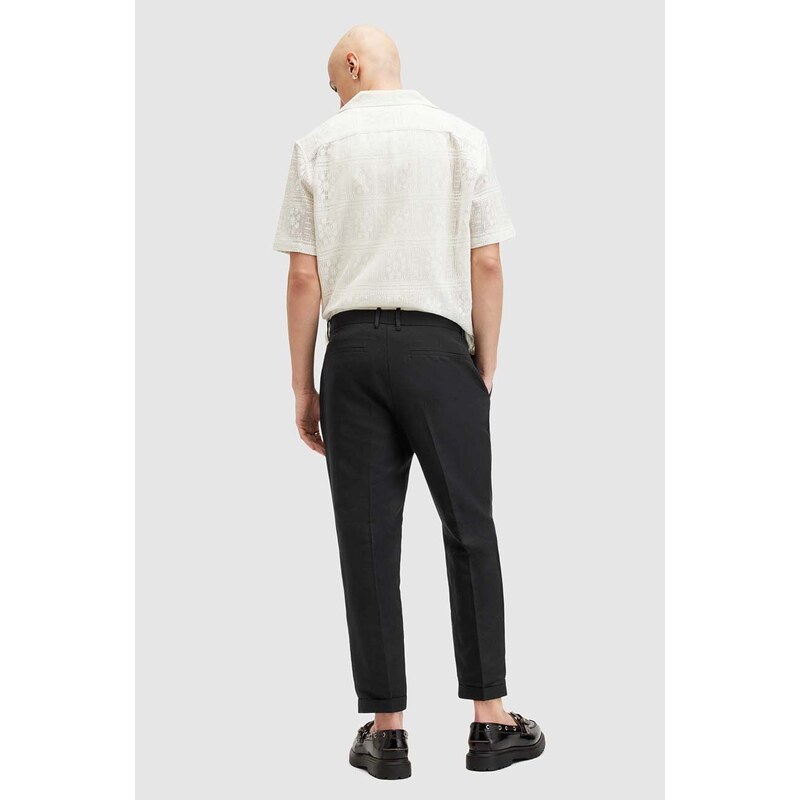 Kalhoty s lněnou směsí AllSaints CROSS TALLIS TROUSER černá barva, ve střihu chinos, M006TA