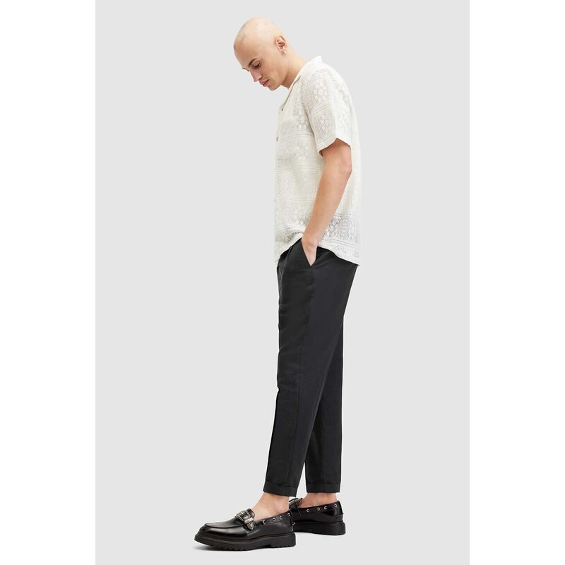 Kalhoty s lněnou směsí AllSaints CROSS TALLIS TROUSER černá barva, ve střihu chinos, M006TA