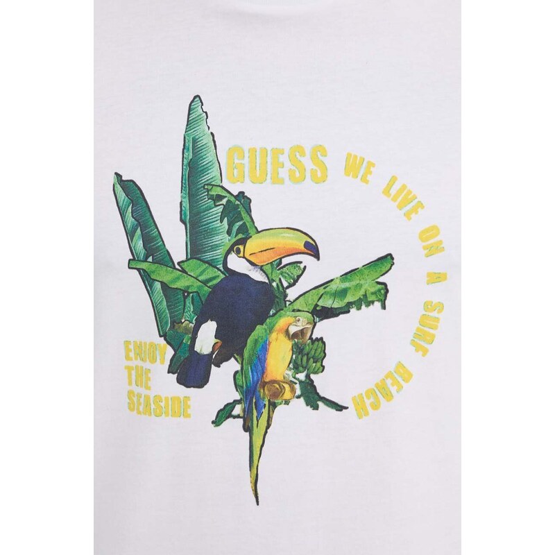 Bavlněné tričko Guess PARROTS bílá barva, s potiskem, F4GI08 I3Z11