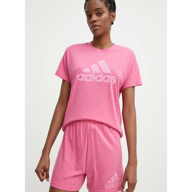 Kraťasy adidas dámské, růžová barva, vzorované, high waist, IS3903