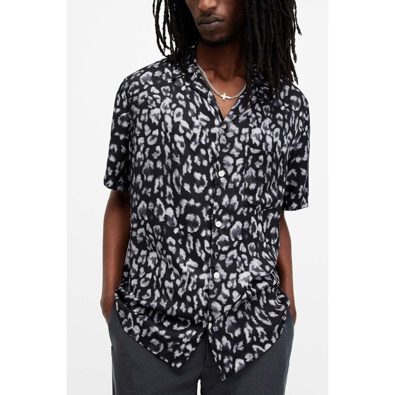 Košile AllSaints LEOPAZ SS SHIRT pánská, černá barva, relaxed, M035SA