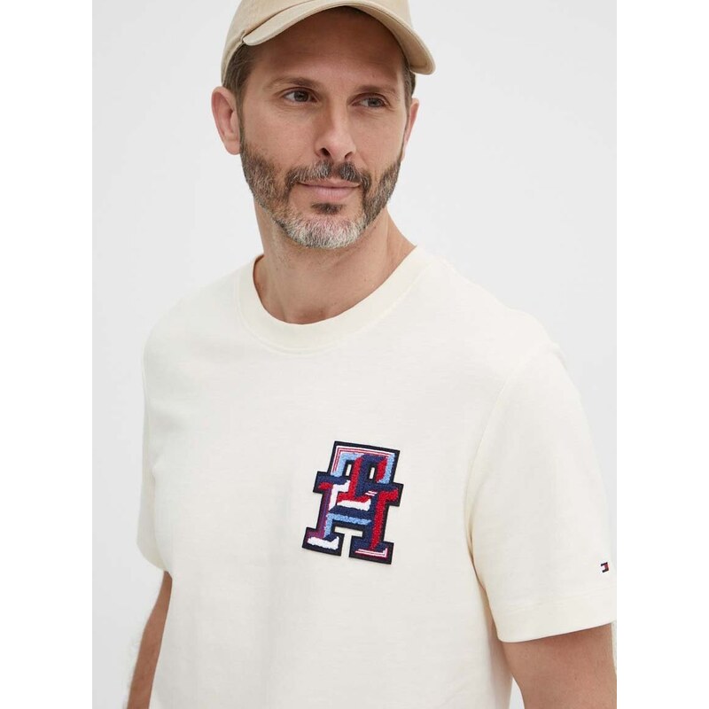 Bavlněné tričko Tommy Hilfiger béžová barva, s aplikací, MW0MW34423