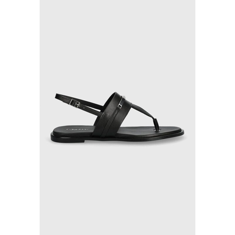 Kožené sandály Calvin Klein FLAT TP SANDAL METAL BAR LTH dámské, černá barva, HW0HW02031