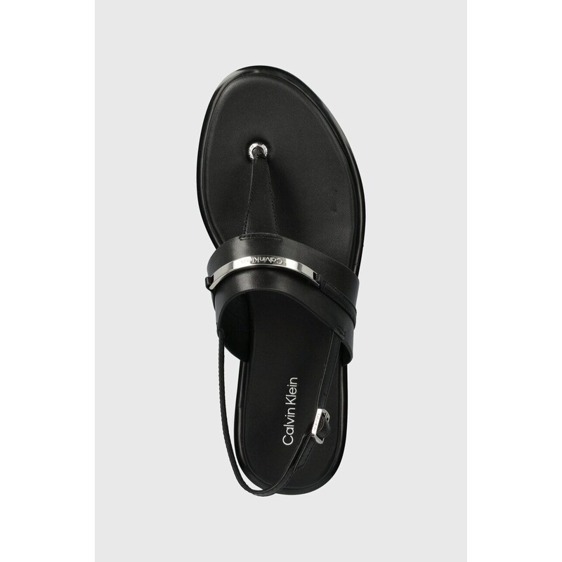 Kožené sandály Calvin Klein FLAT TP SANDAL METAL BAR LTH dámské, černá barva, HW0HW02031