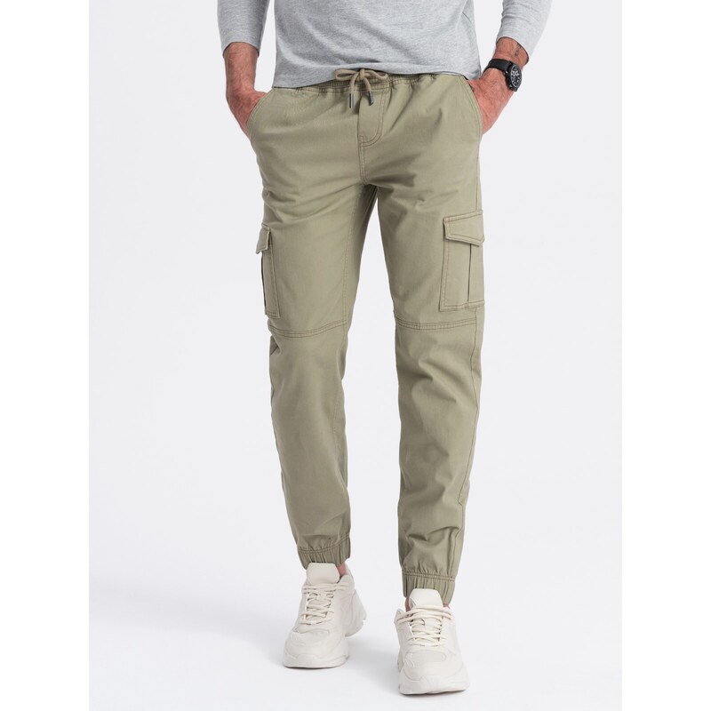 Ombre Clothing Pánské kalhoty JOGGERY s cargo kapsami na zip - khaki V1 OM-PAJO-0123