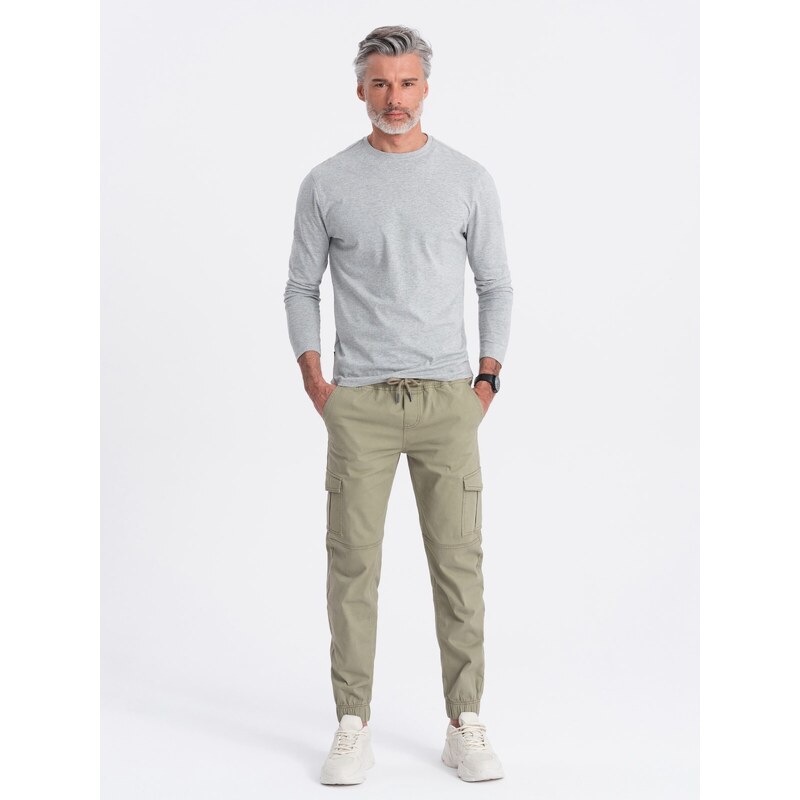 Ombre Clothing Pánské kalhoty JOGGERY s cargo kapsami na zip - khaki V1 OM-PAJO-0123