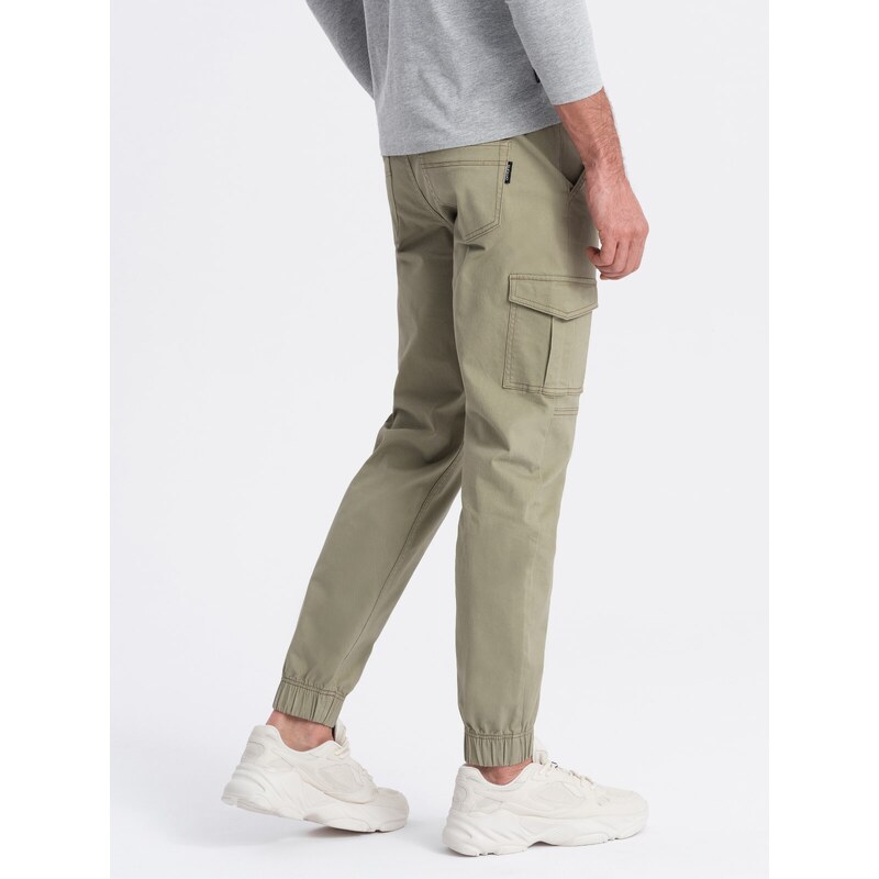 Ombre Clothing Pánské kalhoty JOGGERY s cargo kapsami na zip - khaki V1 OM-PAJO-0123