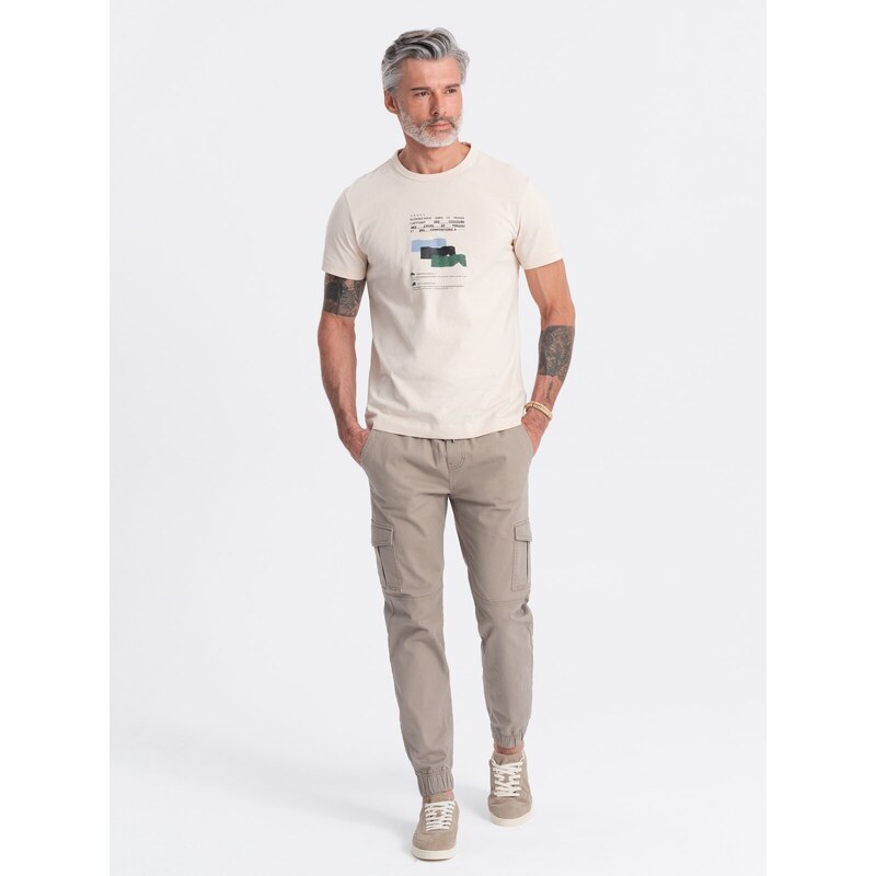 Ombre Clothing Pánské kalhoty JOGGER s cargo kapsami na zip - béžové V2 OM-PAJO-0123