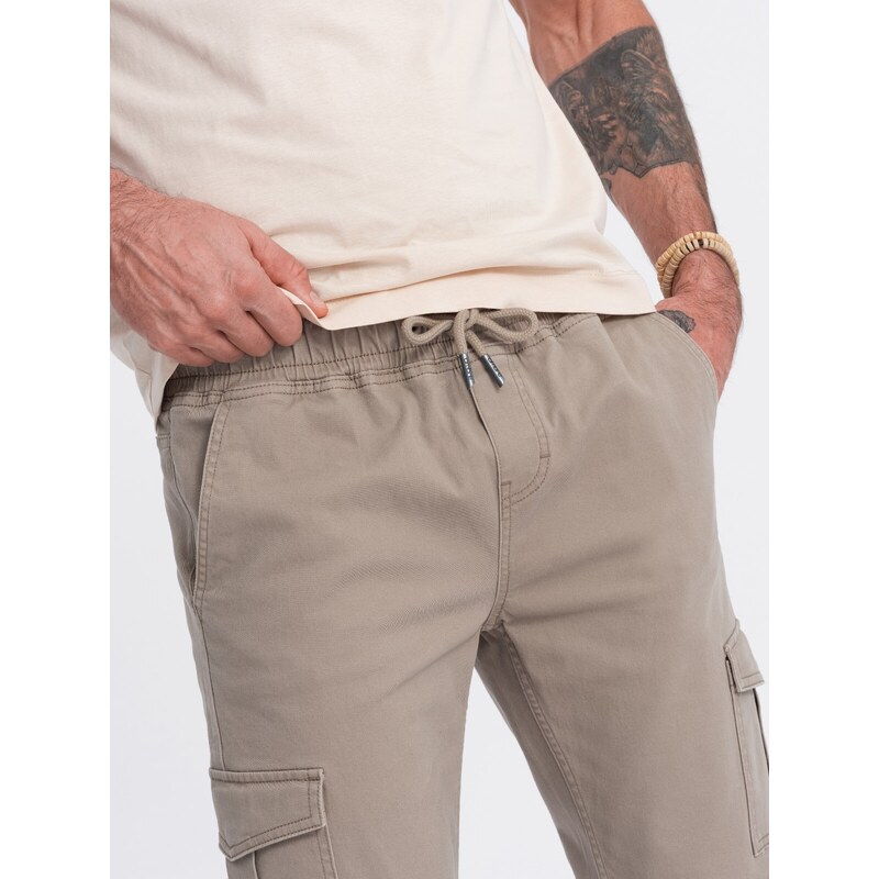 Ombre Clothing Pánské kalhoty JOGGER s cargo kapsami na zip - béžové V2 OM-PAJO-0123