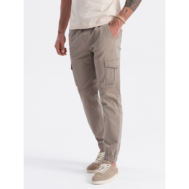 Ombre Clothing Pánské kalhoty JOGGER s cargo kapsami na zip - béžové V2 OM-PAJO-0123