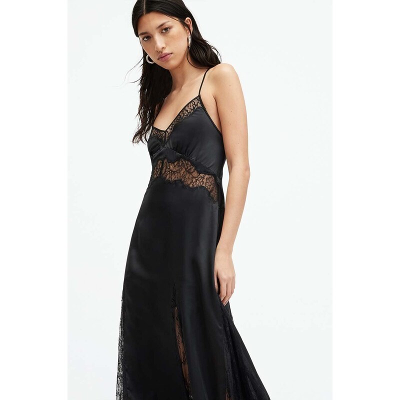 Šaty s hedvábím AllSaints JASMINE DRESS černá barva, maxi, W063DA