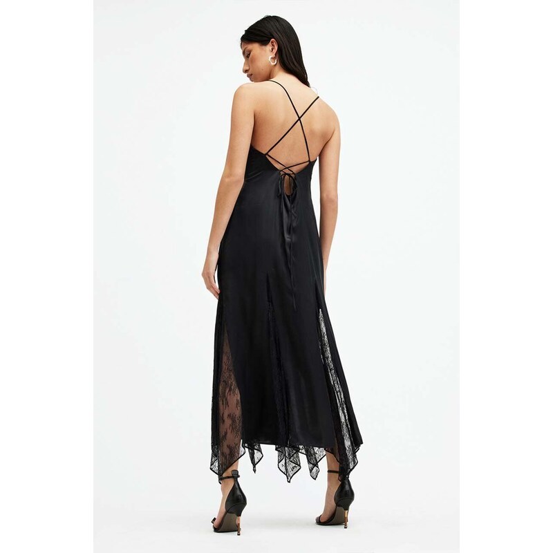 Šaty s hedvábím AllSaints JASMINE DRESS černá barva, maxi, W063DA