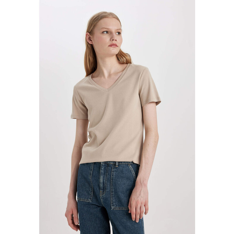 DEFACTO Slim Fit V-Neck Ribana Short Sleeve T-Shirt