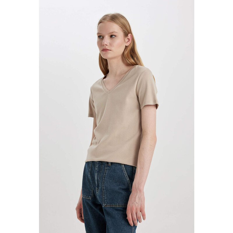 DEFACTO Slim Fit V-Neck Ribana Short Sleeve T-Shirt