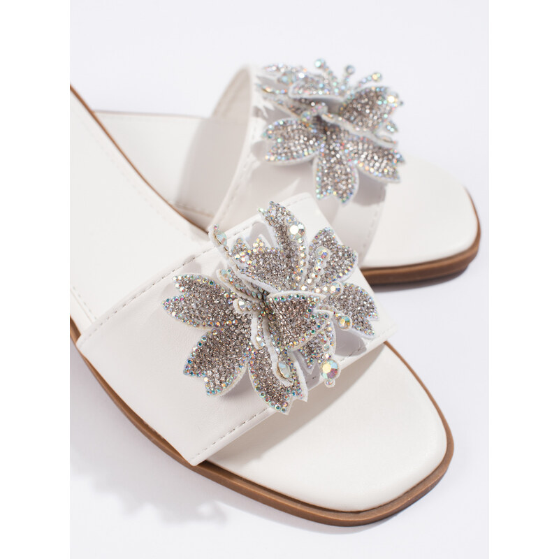 Shelvt Women's white flip-flops with embellishment