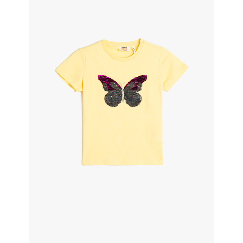 Koton T-Shirt Crew Neck Short Sleeve Butterfly Sequin Embroidered Cotton