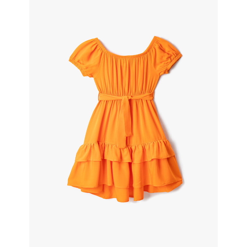 Koton Midi Dress With Belt Detailed Short Sleeves Ruffled Ruffles U Neck