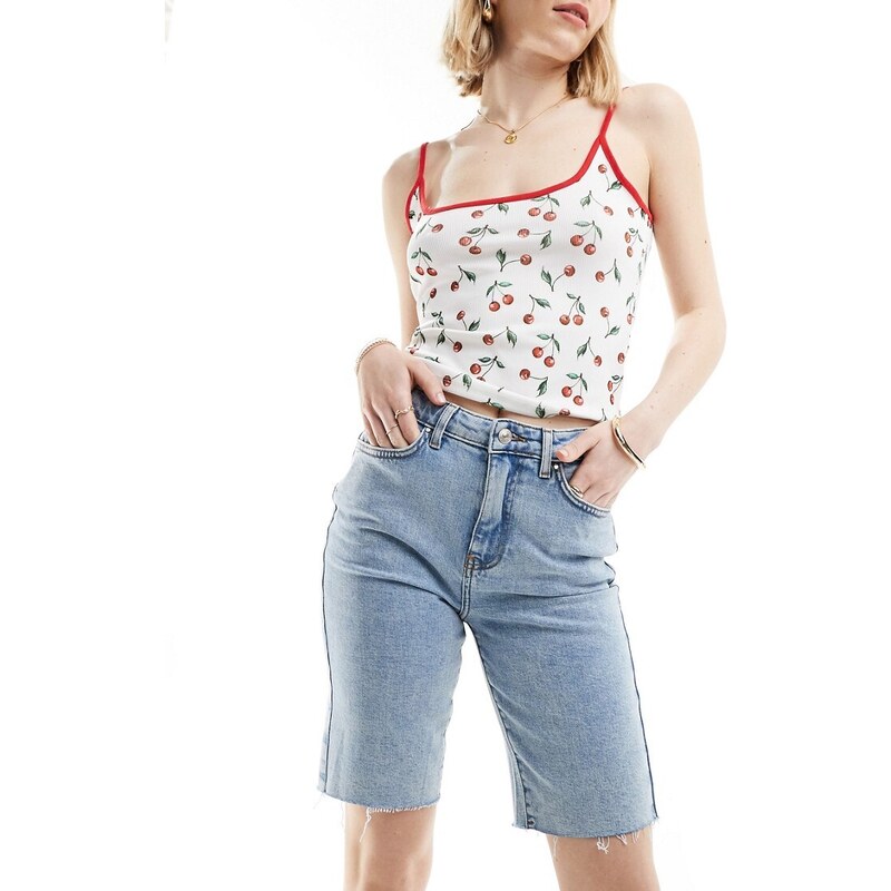 ONLY Emily mid rise raw hem longline denim short in light blue wash 91678560
