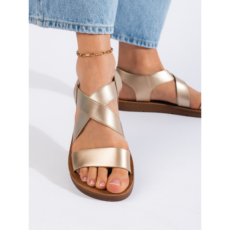 Klasické zlaté sandály dámské na plochém podpatku