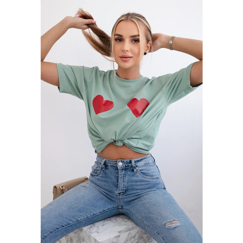 K-Fashion Bavlněná halenka s potiskem srdce tmavá máta
