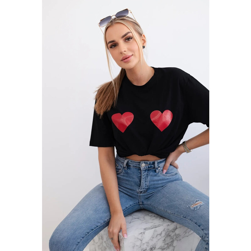 K-Fashion Bavlněná halenka s potiskem srdce černý