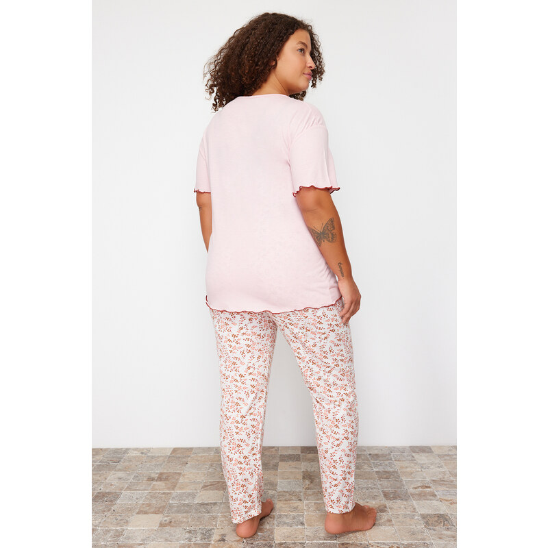 Trendyol Curve Pink Floral Pattern Knitted Pajamas Set