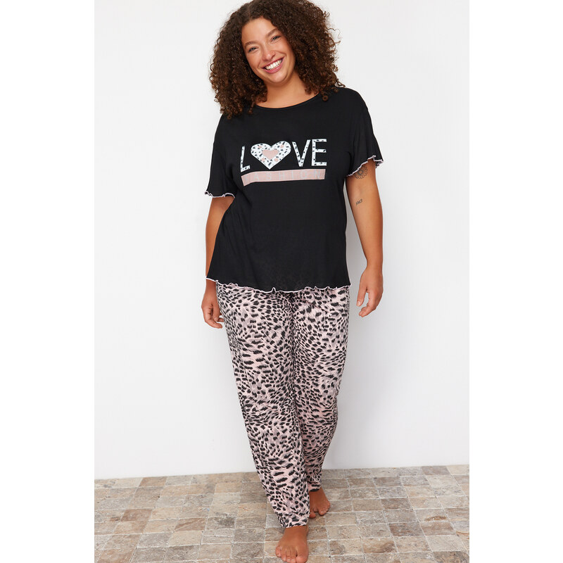 Trendyol Curve Black Leopard Patterned Knitted Pajamas Set