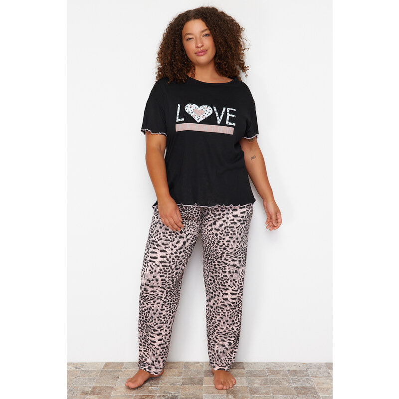 Trendyol Curve Black Leopard Patterned Knitted Pajamas Set