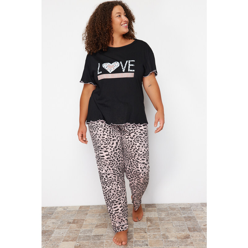 Trendyol Curve Black Leopard Patterned Knitted Pajamas Set