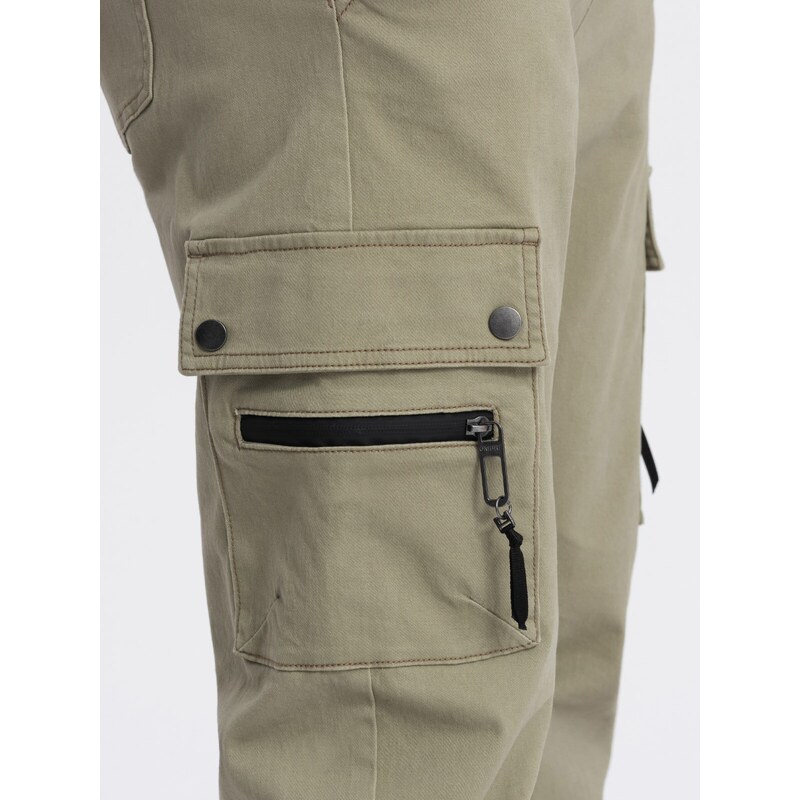 Ombre Clothing Pánské kalhoty JOGGER s cargo kapsami na zip - khaki V1 OM-PAJO-0125