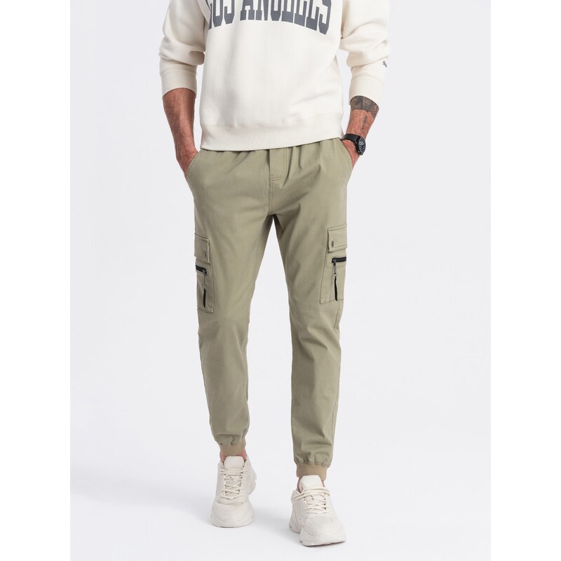 Ombre Clothing Pánské kalhoty JOGGER s cargo kapsami na zip - khaki V1 OM-PAJO-0125