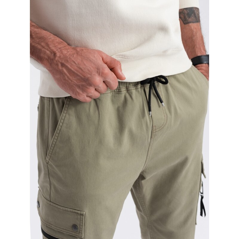 Ombre Clothing Pánské kalhoty JOGGER s cargo kapsami na zip - khaki V1 OM-PAJO-0125